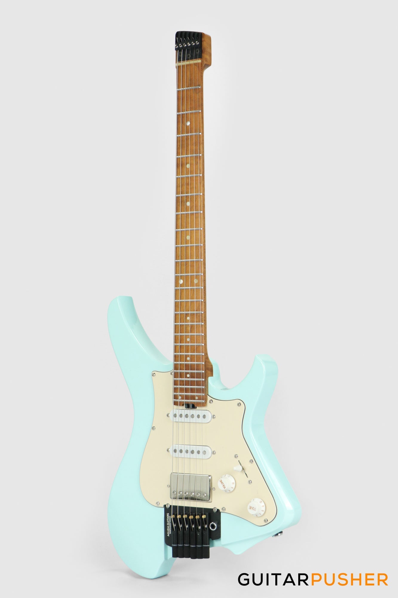 Aguda Musicboy Pro Headless Electric Guitar Alder Body Roasted Maple Fretboard - Sonic Blue w/ Cream Pickguard