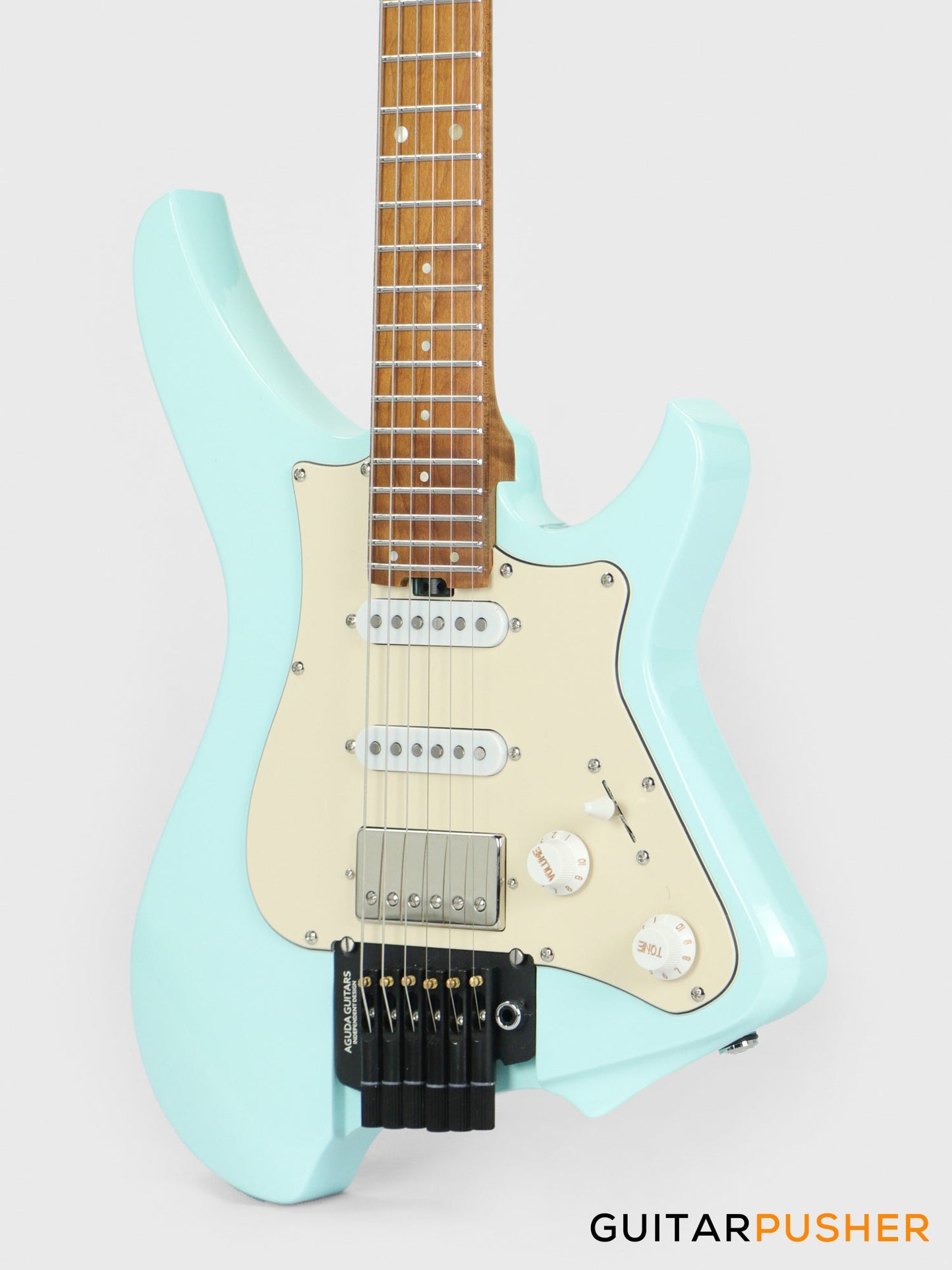 Aguda Musicboy Pro Headless Electric Guitar Alder Body Roasted Maple Fretboard - Sonic Blue w/ Cream Pickguard