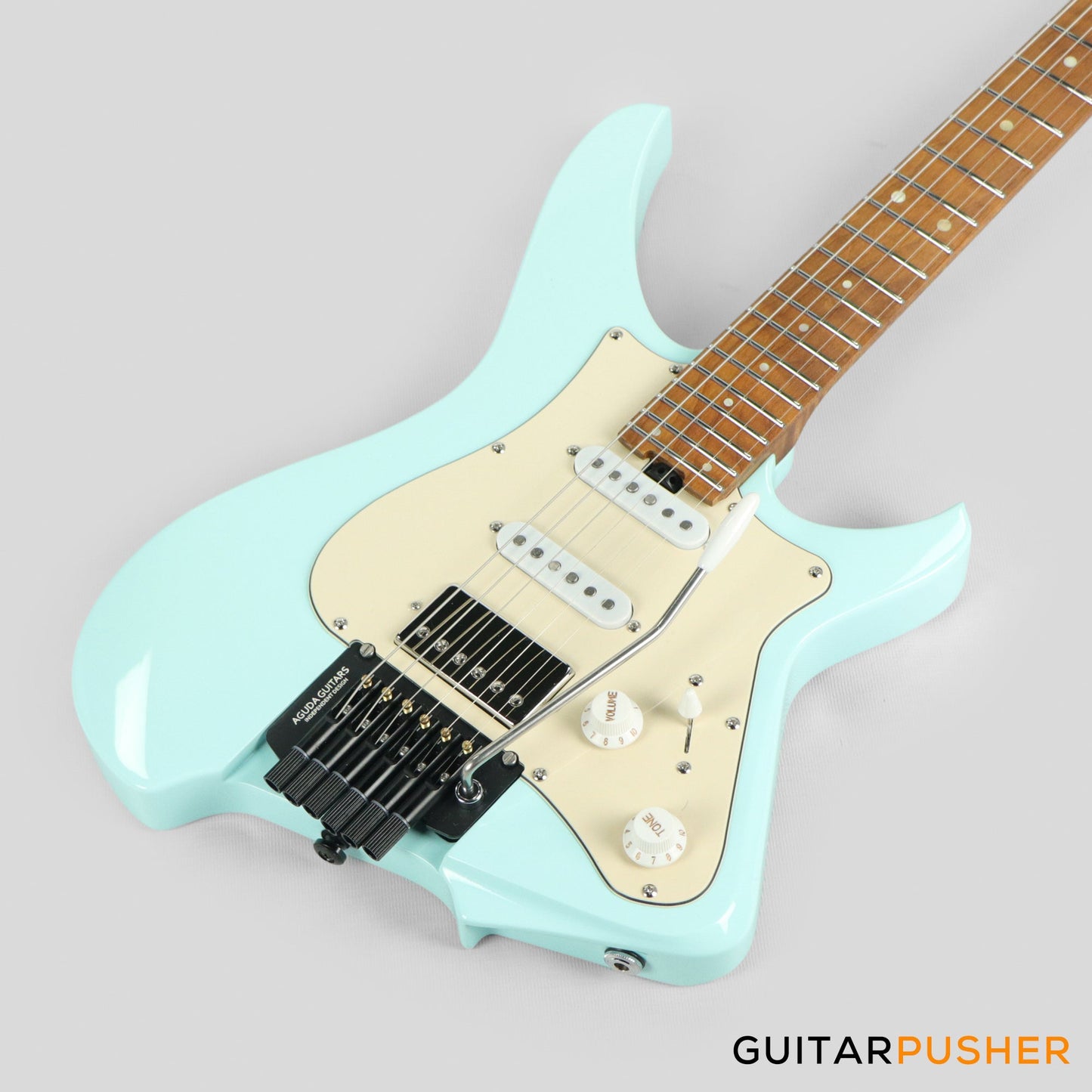 Aguda Musicboy Pro Headless Electric Guitar Alder Body Roasted Maple Fretboard - Sonic Blue w/ Cream Pickguard