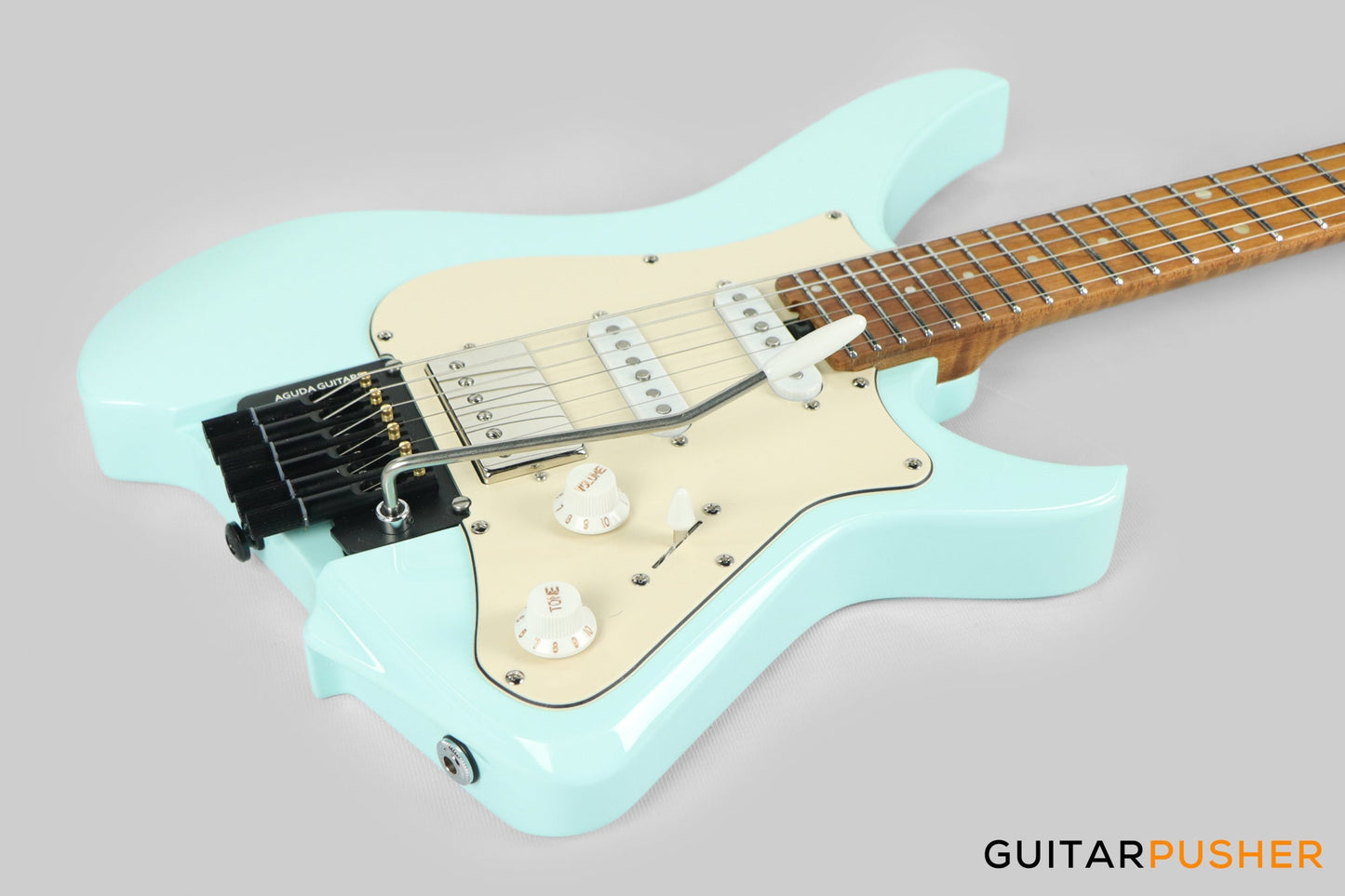 Aguda Musicboy Pro Headless Electric Guitar Alder Body Roasted Maple Fretboard - Sonic Blue w/ Cream Pickguard