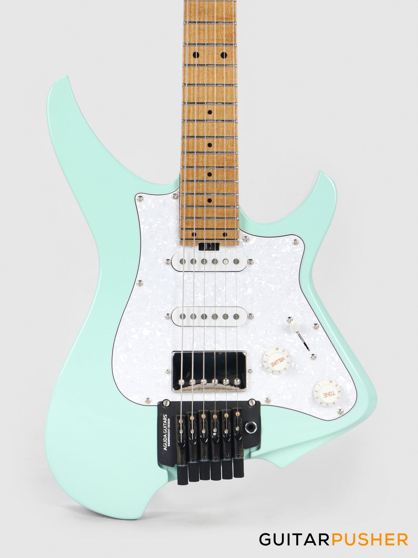 Aguda Musicboy Pro Headless Electric Guitar Alder Body Roasted Maple Fretboard - Surf Green w/ Pearloid Pickguard