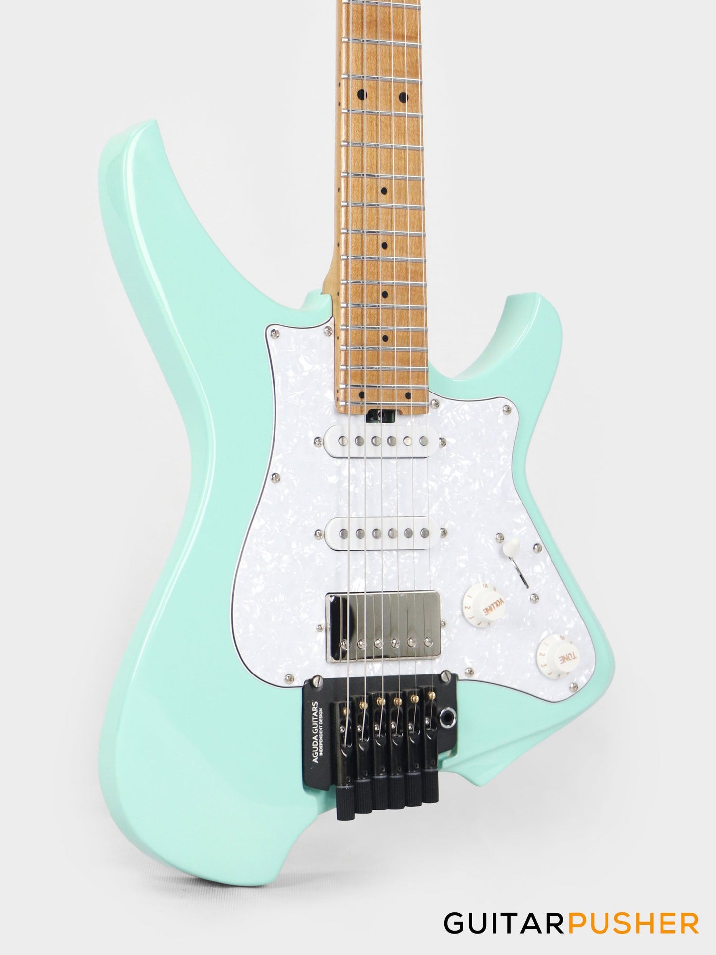 Aguda Musicboy Pro Headless Electric Guitar Alder Body Roasted Maple Fretboard - Surf Green w/ Pearloid Pickguard