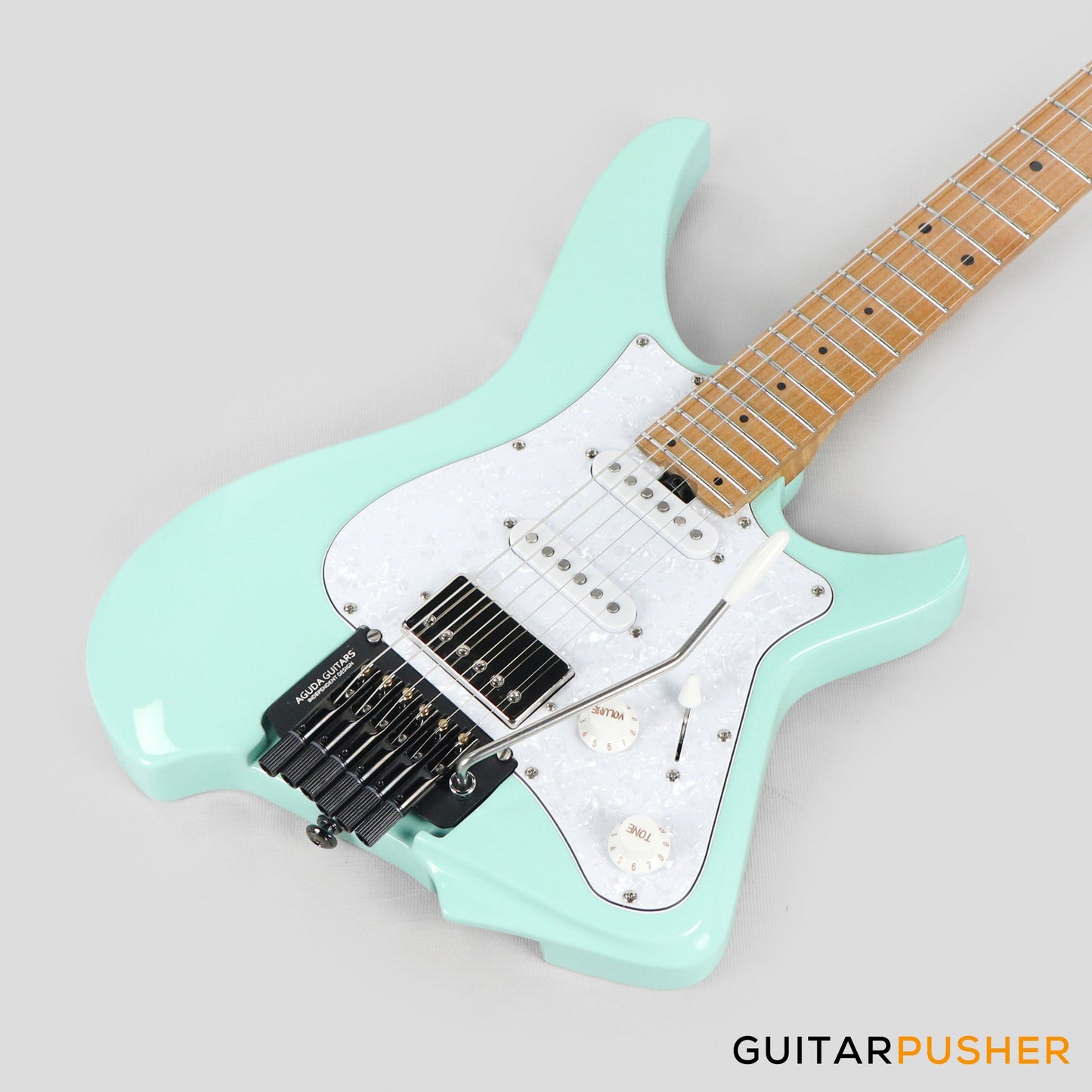 Aguda Musicboy Pro Headless Electric Guitar Alder Body Roasted Maple Fretboard - Surf Green w/ Pearloid Pickguard