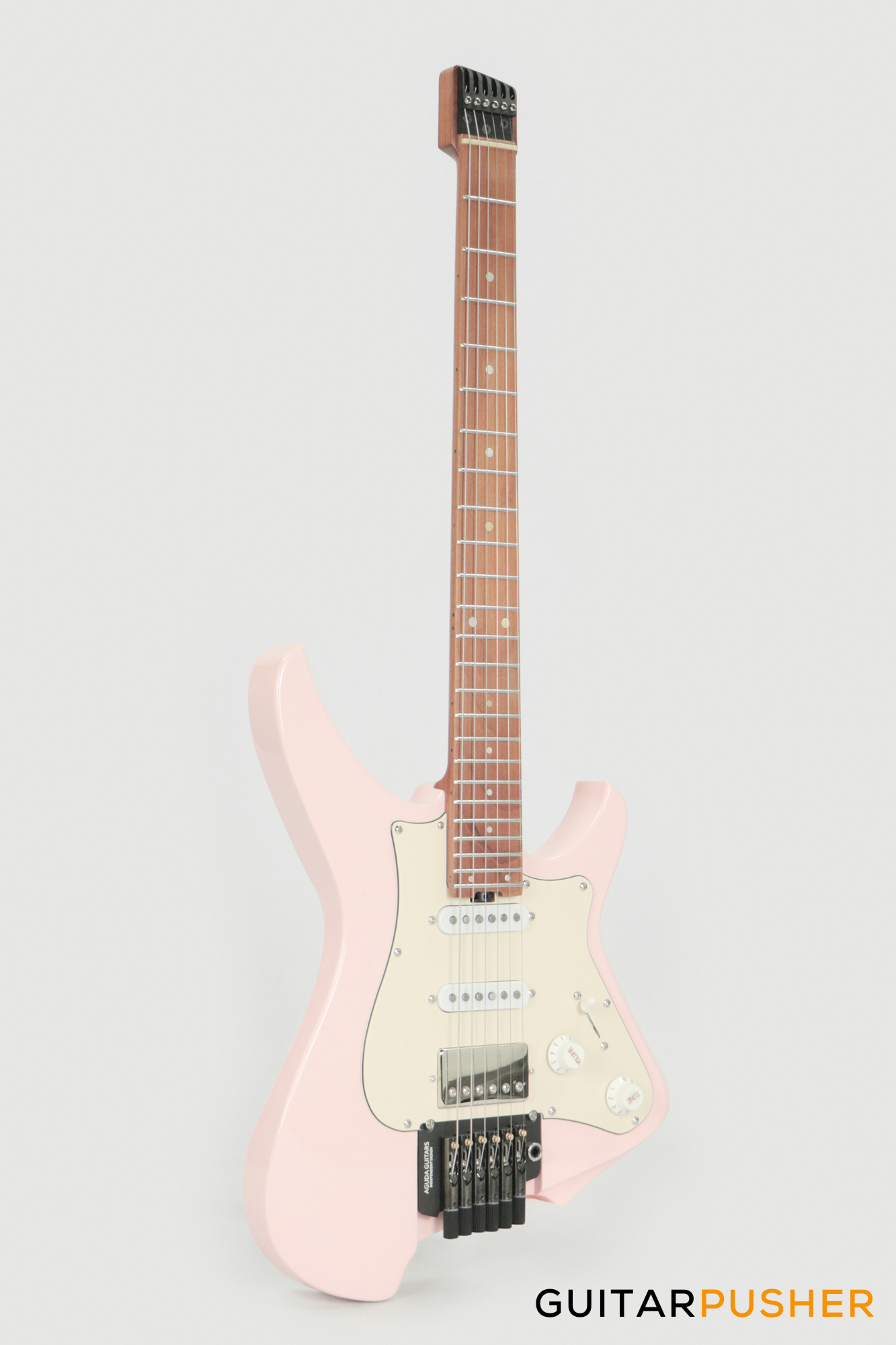 Aguda Musicboy Pro Headless Electric Guitar Alder Body Roasted Maple Fretboard - Shell Pink w/ Cream Pickguard