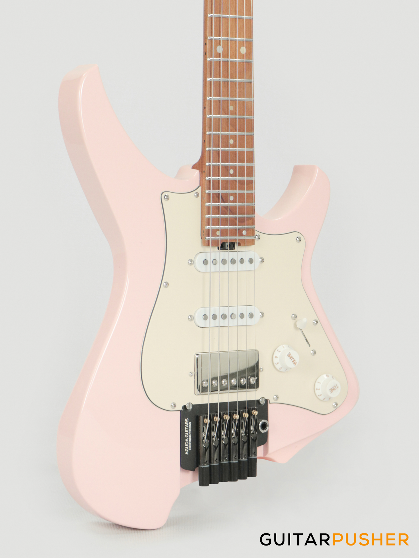 Aguda Musicboy Pro Headless Electric Guitar Alder Body Roasted Maple Fretboard - Shell Pink w/ Cream Pickguard