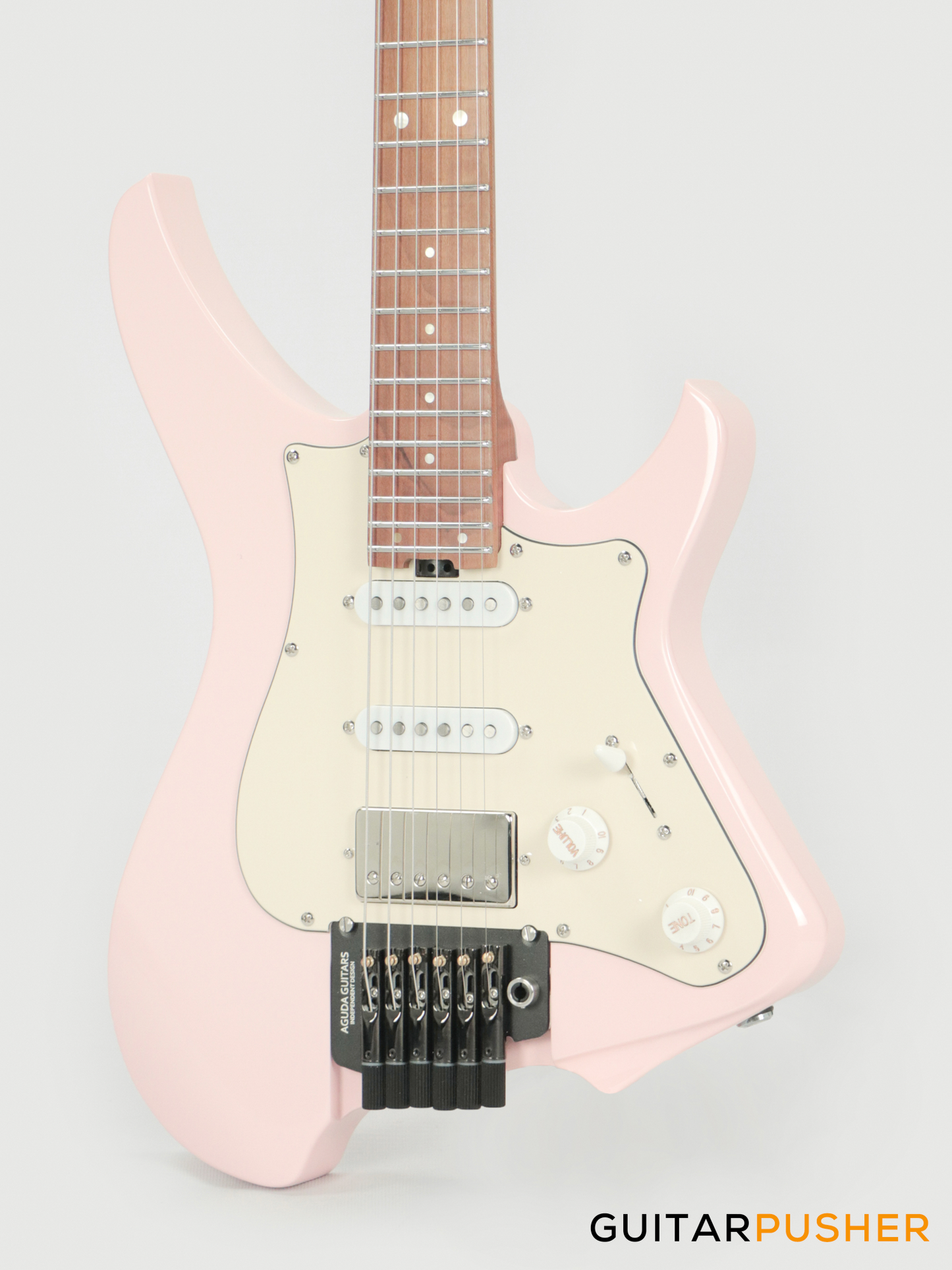 Aguda Musicboy Pro Headless Electric Guitar Alder Body Roasted Maple Fretboard - Shell Pink w/ Cream Pickguard