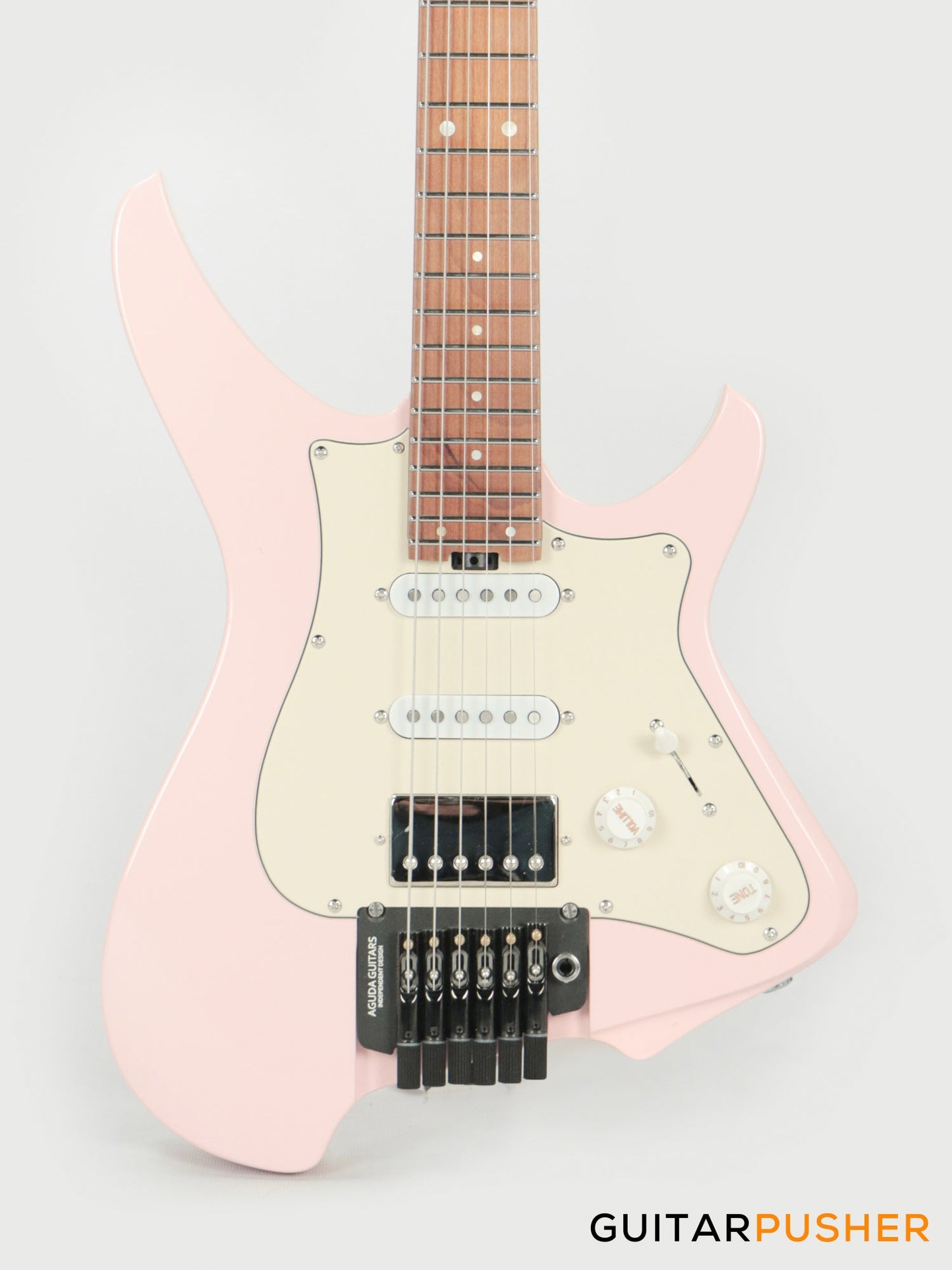 Aguda Musicboy Pro Headless Electric Guitar Alder Body Roasted Maple Fretboard - Shell Pink w/ Cream Pickguard