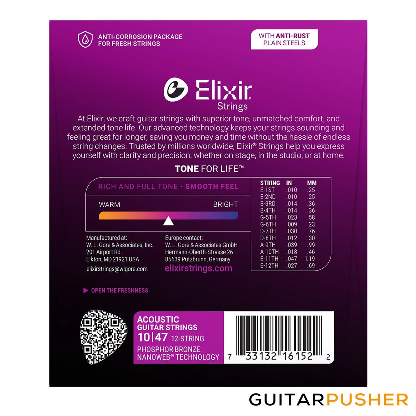 Elixir Acoustic Phosphor Bronze Acoustic Guitar Strings with Nanoweb Coating - 12-String Light (10/10 14/14 23/9 30/12 39/18 47/27)