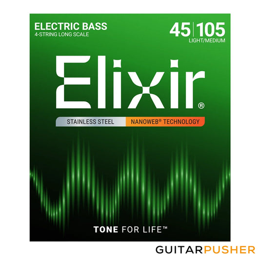 Elixir Electric Bass Stainless Steel Bass Guitar Strings with Nanoweb Coating - Light/Medium, Long Scale (45 65 85 105)