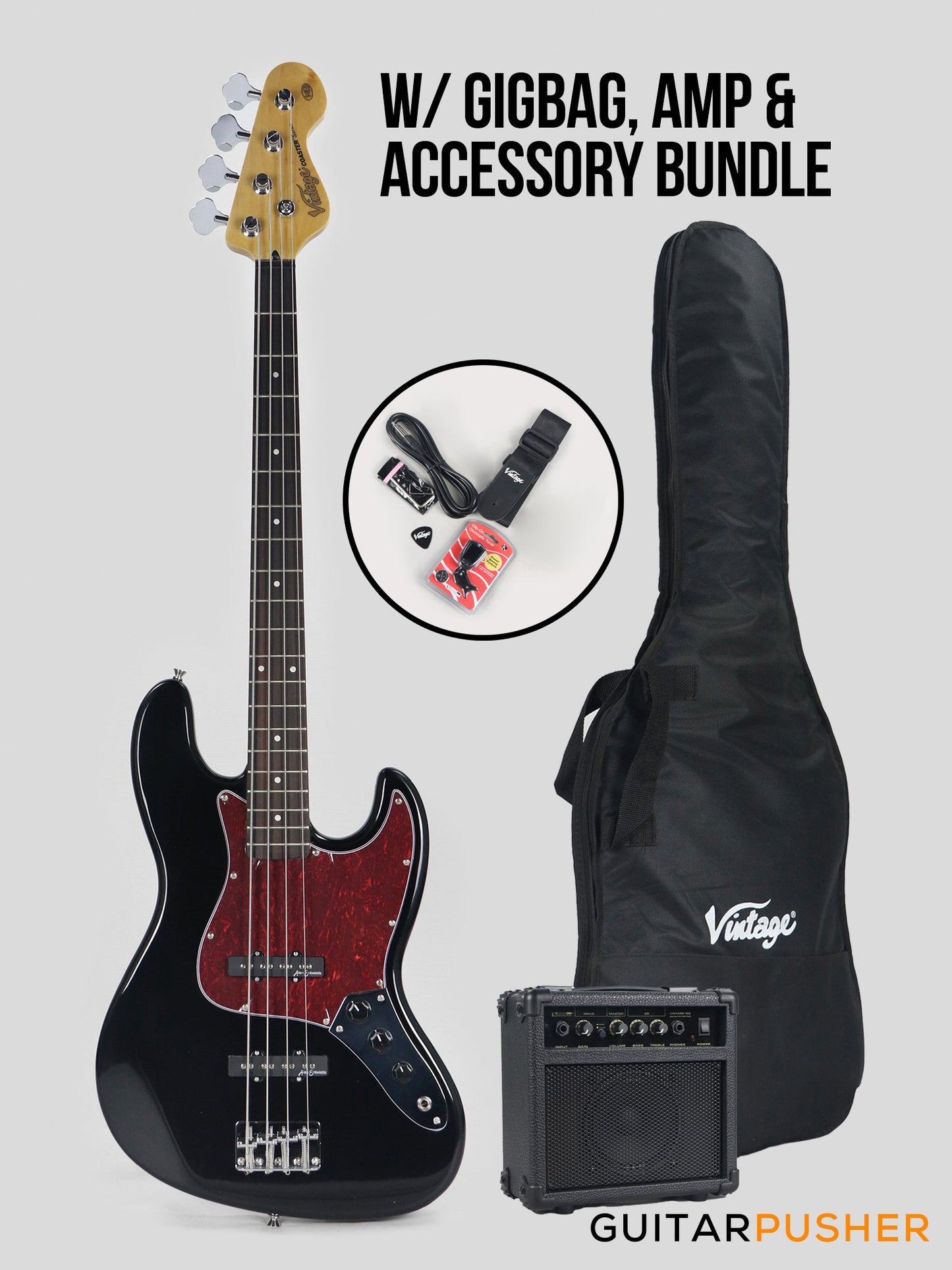 Vintage Coaster Series V49 4-String JB Bass w/ Kinsman 10-Watt Bass Amplifier, Gig Bag, & Accessories - Boulevard Black
