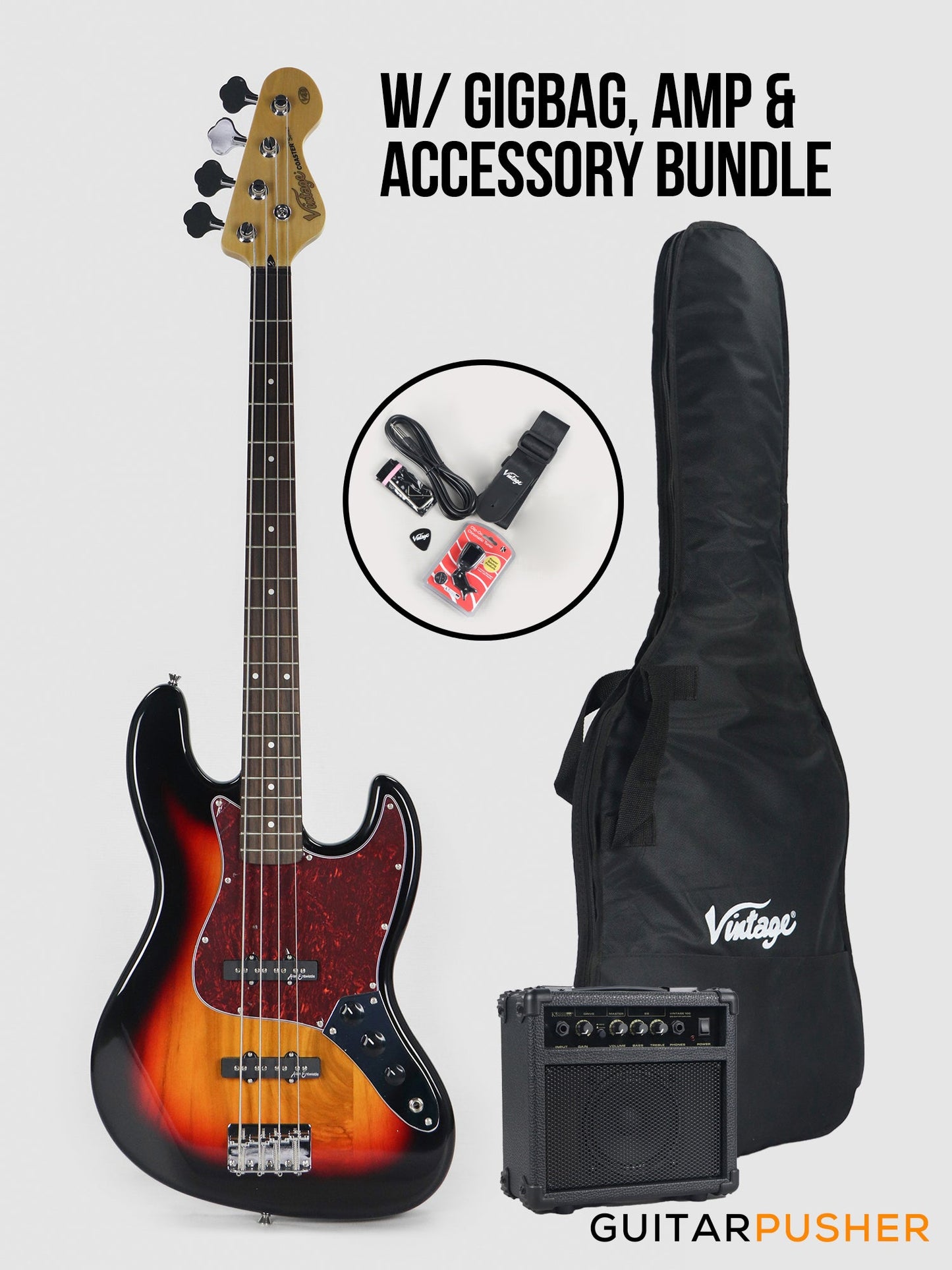 Vintage Coaster Series V49 4-String JB Bass w/ Kinsman 10-Watt Bass Amplifier, Gig Bag, & Accessories - 3-Tone Sunburst
