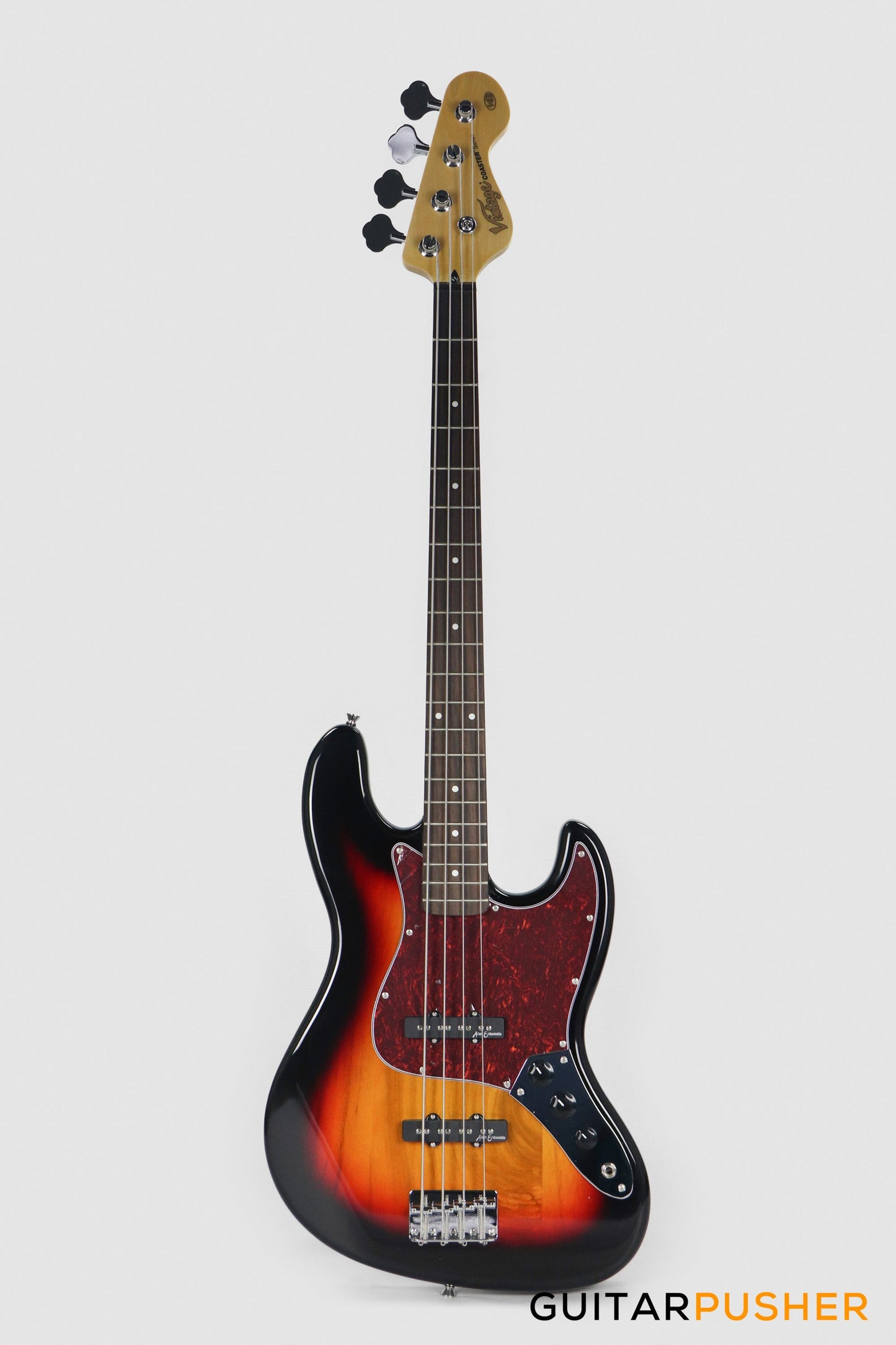 Vintage Coaster Series V49 4-String JB Bass w/ Kinsman 10-Watt Bass Amplifier, Gig Bag, & Accessories - 3-Tone Sunburst