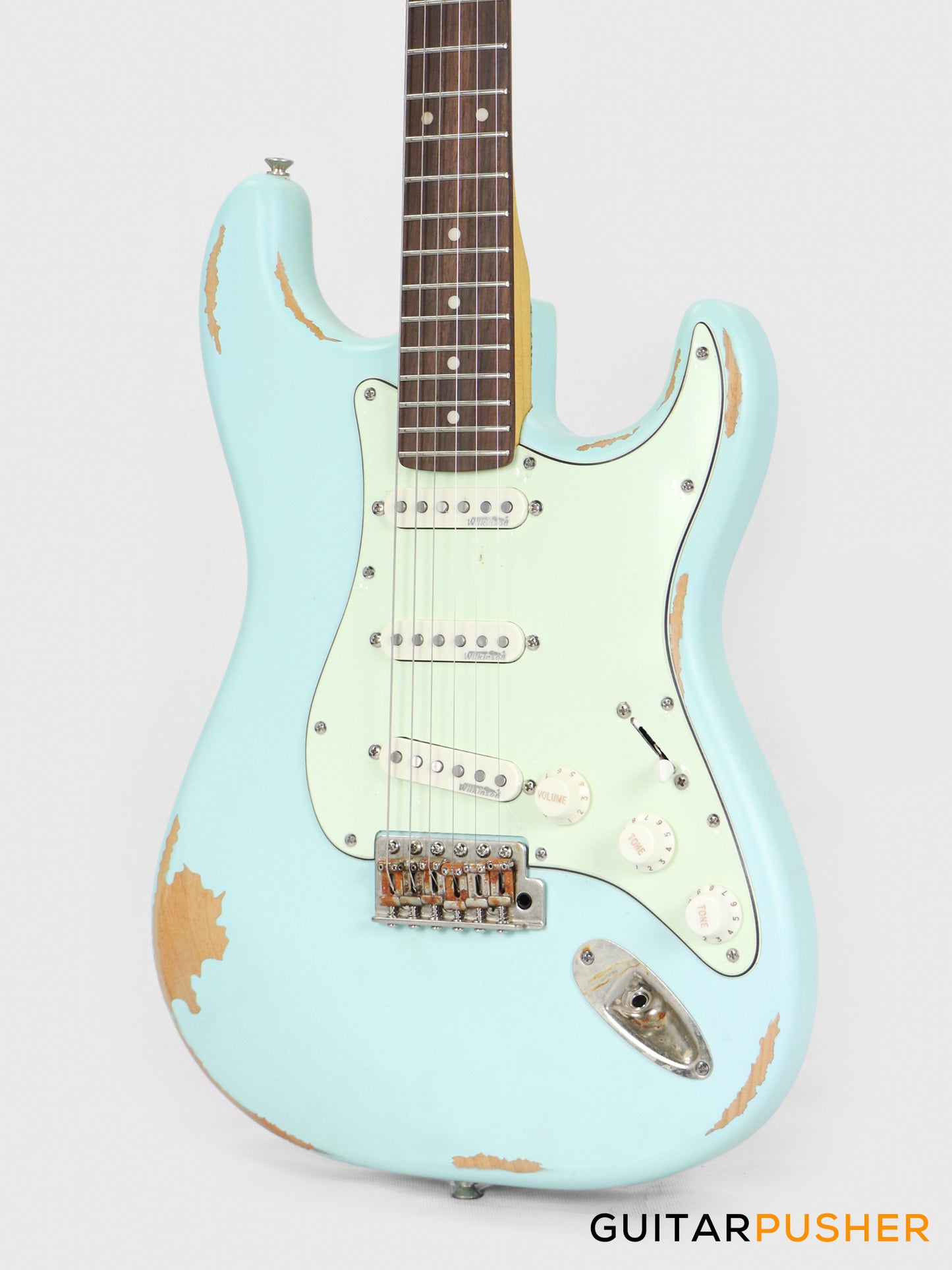 Vintage V6 Icon S-Style Electric Guitar - Distressed Laguna Blue