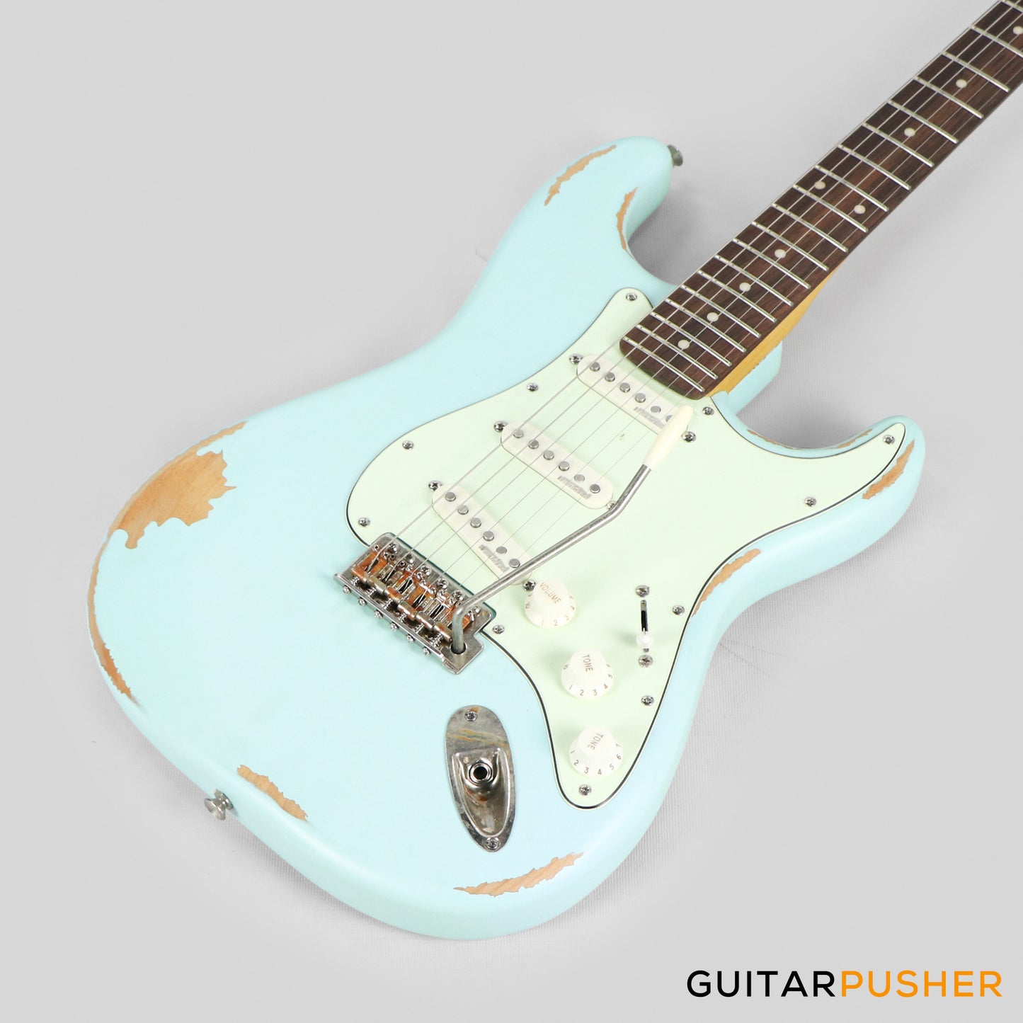 Vintage V6 Icon S-Style Electric Guitar - Distressed Laguna Blue