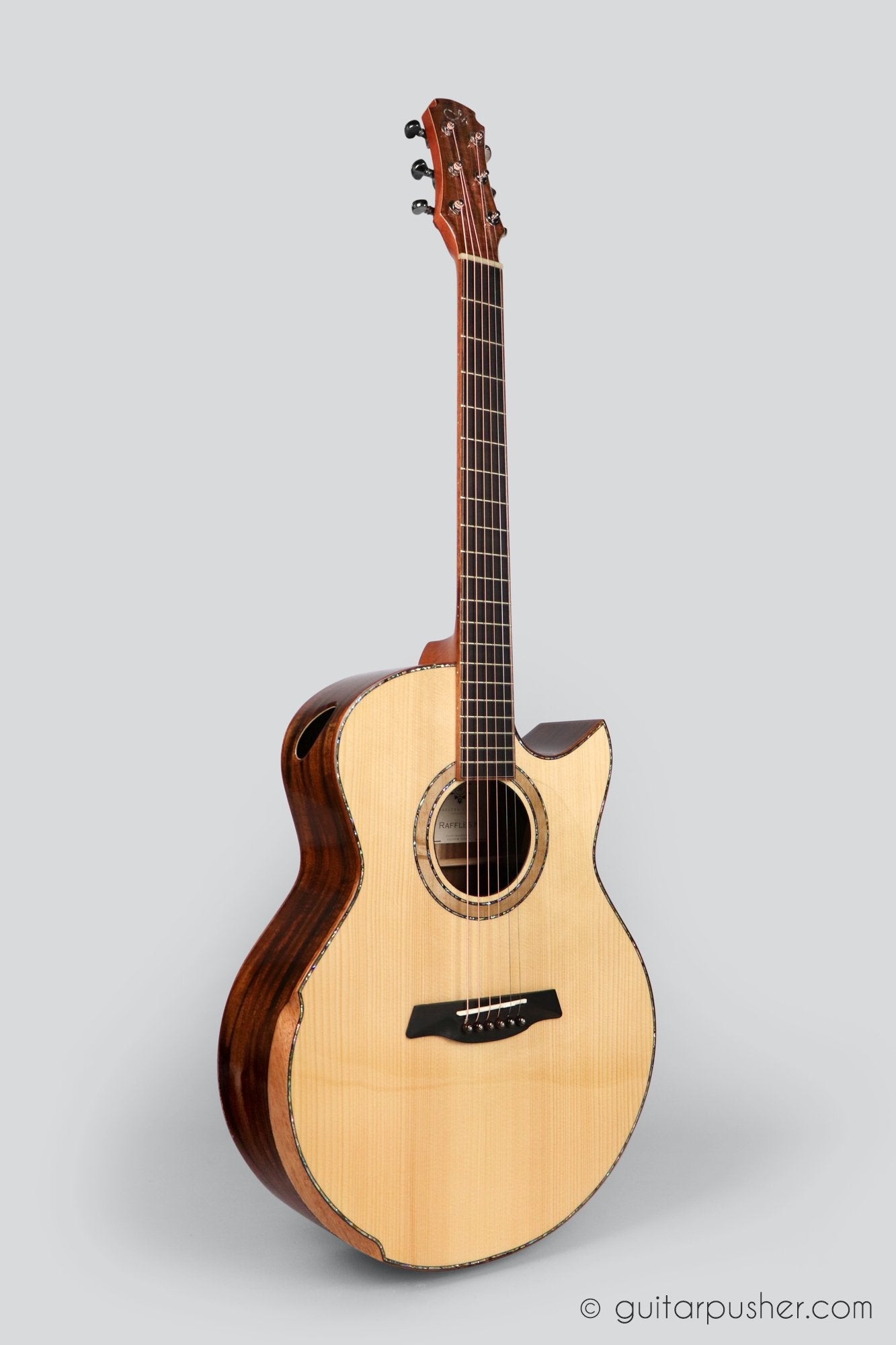 Maestro Custom Raffles All Solid Small Jumbo Acoustic Guitar Adirondack Spruce / Koa - GuitarPusher