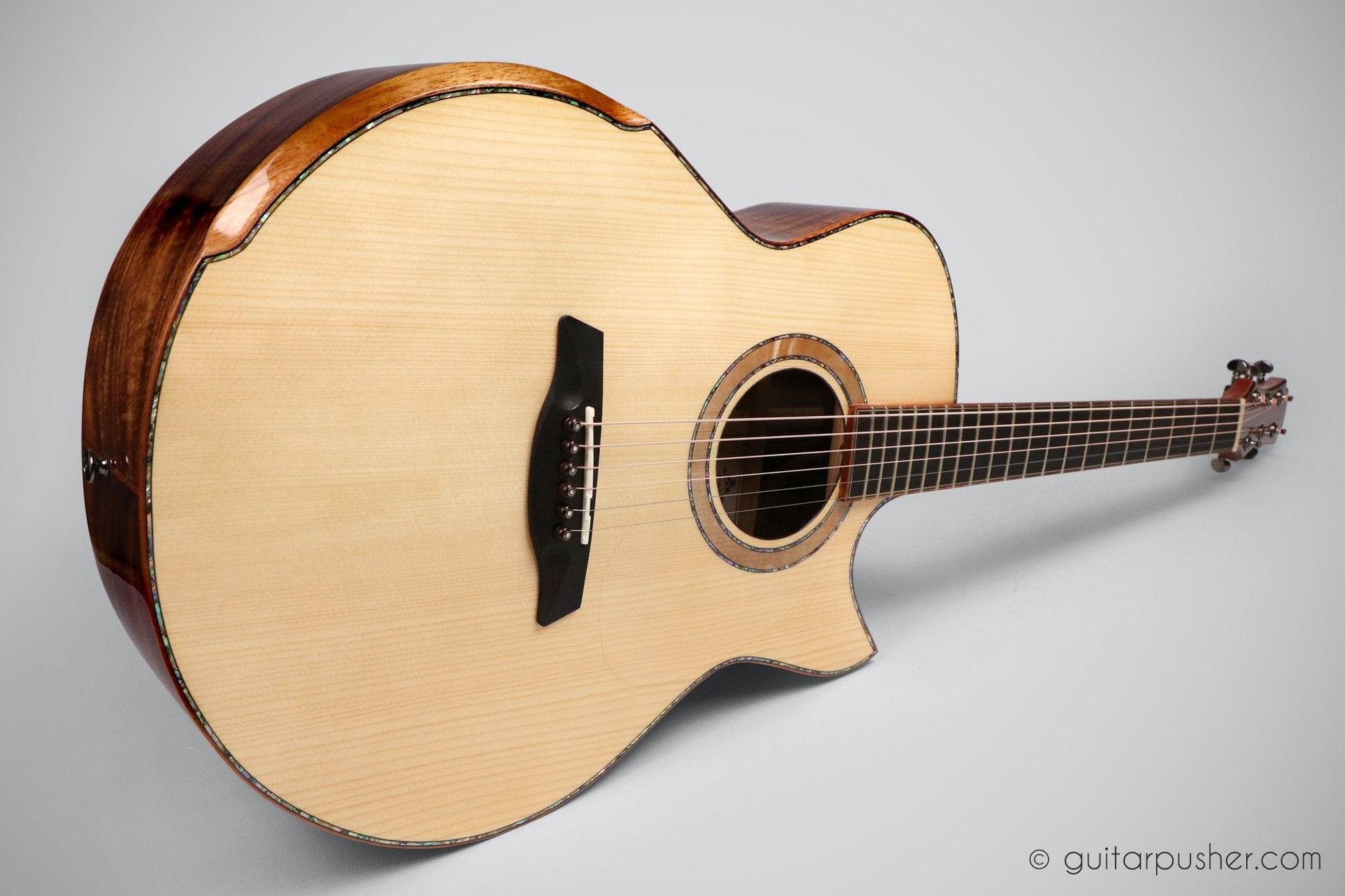 Maestro Custom Raffles All Solid Small Jumbo Acoustic Guitar Adirondack Spruce / Koa - GuitarPusher