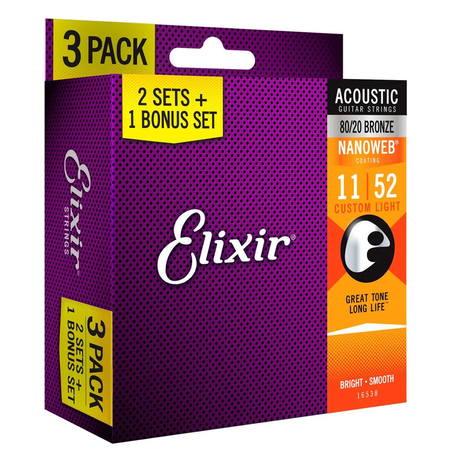 Elixir Acoustic 80/20 Bronze Acoustic Guitar Strings with Nanoweb Coating - Custom Light (11 15 22 32 42 52) 3-Pack