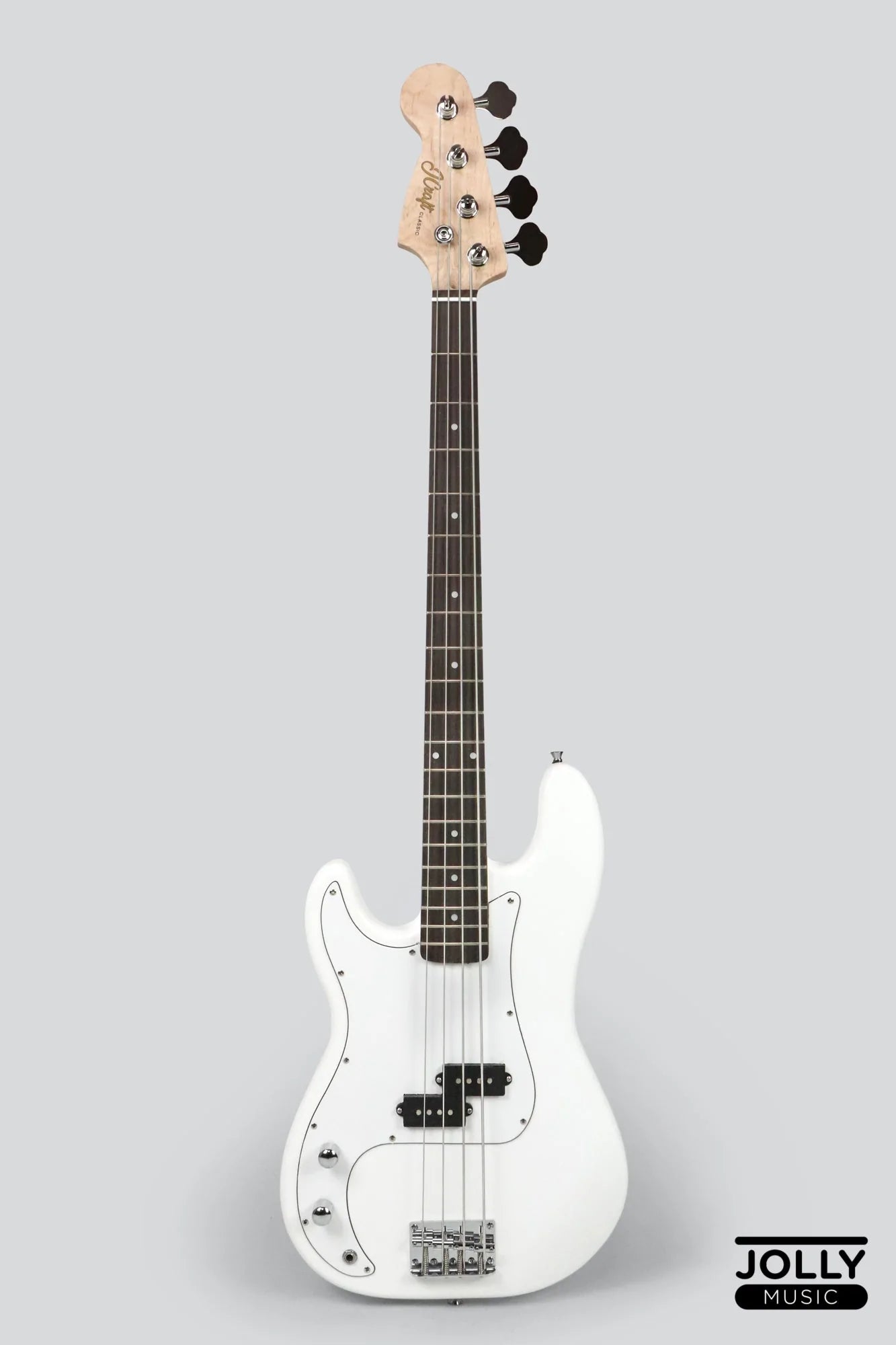 JCraft PB-1 Left Handed 4-String Electric Bass Guitar with Gigbag - Triple White