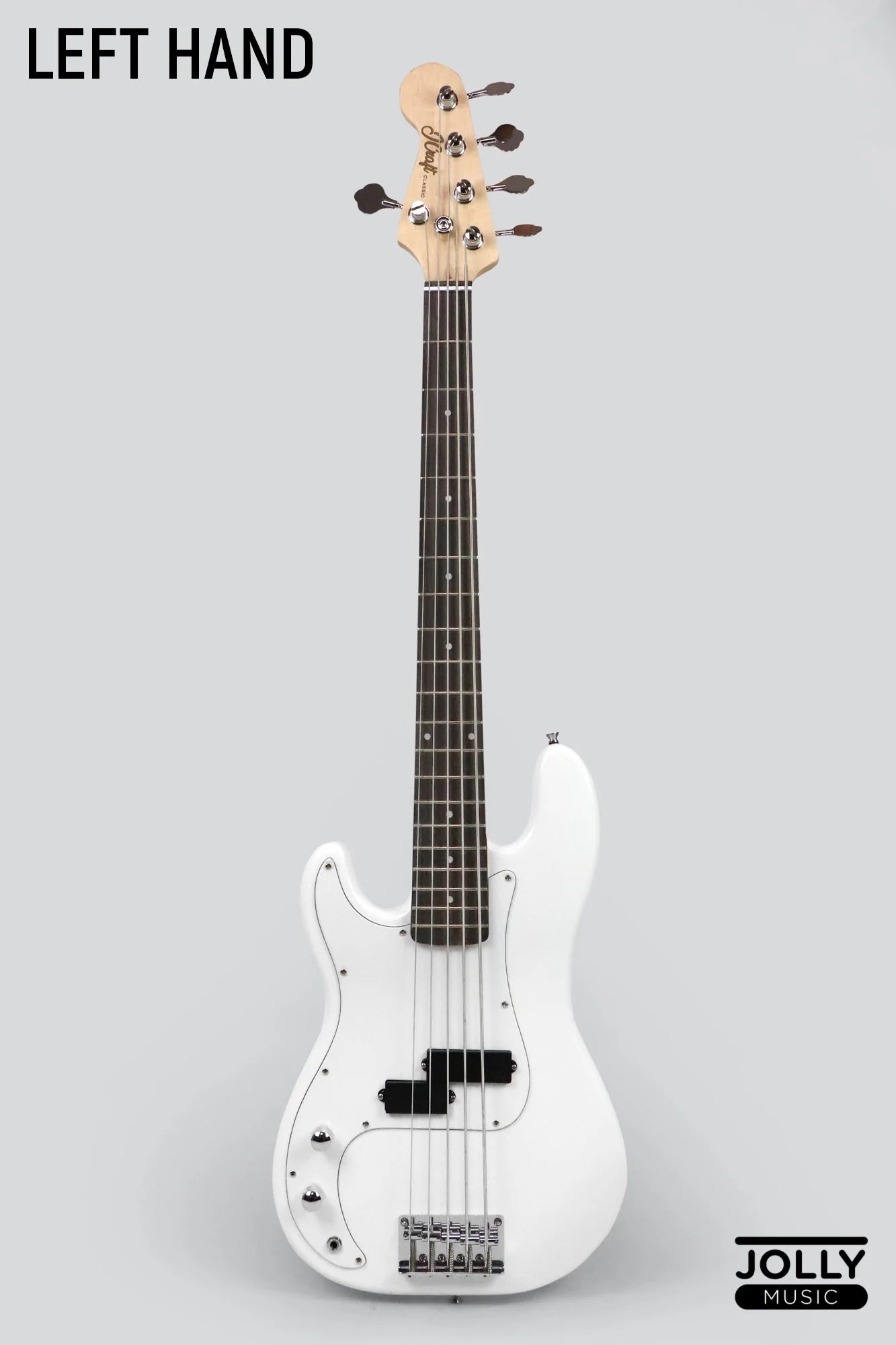 JCraft PB-1 Left Handed 5-String Electric Bass Guitar with Gigbag - Triple White