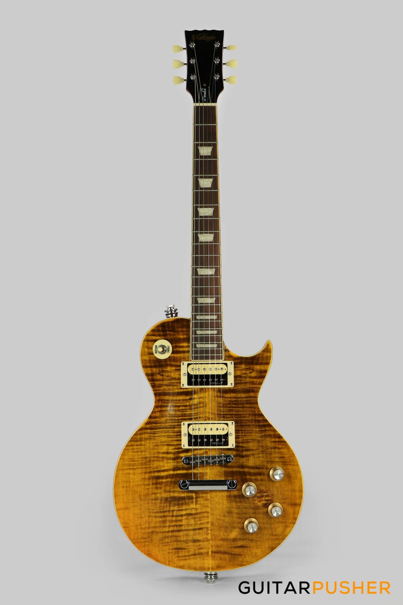 Vintage V100 AFD "Slash" Reissue Electric Guitar - Flamed Amber