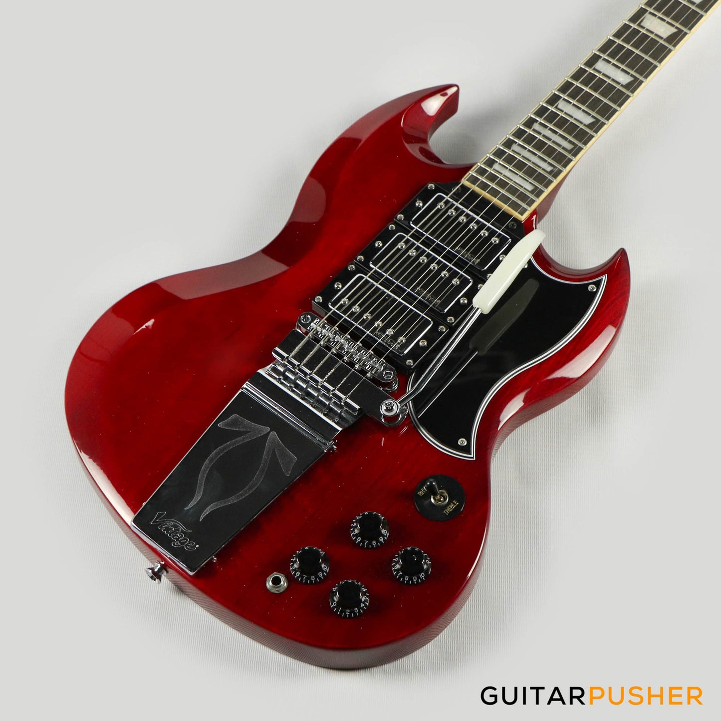 Vintage VS63 Reissue 3-Pickup Vibrola Tailpiece SG Electric Guitar - Cherry Red